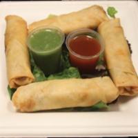 Spring Rolls · Deep-fried cylindrical casing of very thin dough that is filled with minced vegetables or ch...