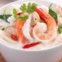 Tom kah shrimp · Coconut spicy lemongrass soup with shrimp, mushrooms and other herbs.