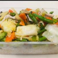 L13. Veggie Delight Stir-Fry · Assorted veggies stir-fried with flavorful sauce with meat or tofu.