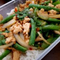 L14. Spicy Sweet Basil Stir-Fry · Spicy ground chicken stir-fried with garlic, Thai chili sauce with green beans, bell peppers...