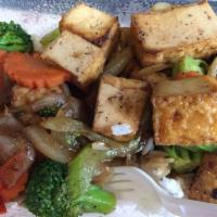 L16. Black Pepper Garlic Stir-Fry · Stir-fry with choice of meat or tofu in peppery and garlicky sauce and steamed assorted vege...