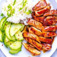 Chicken Teriyaki · Grilled white meat chicken with teriyaki sauce and steamed mixed vegetables.
