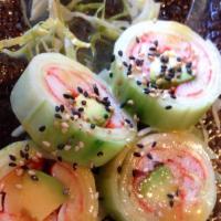 Fabulous Cucumber Wrap · Crab, avocado, roe and sesame in rice vinegar with a drizzle of sweet miso sauce. Made witho...