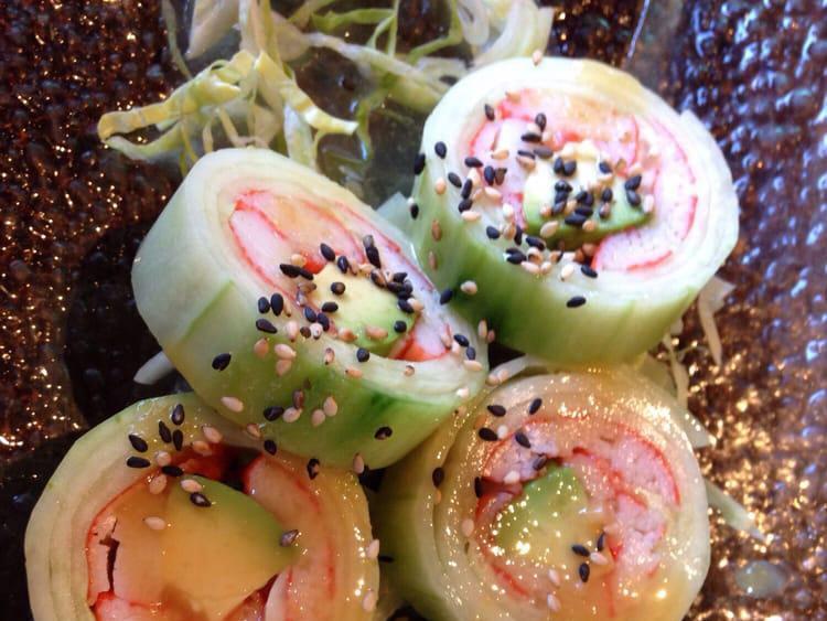 Fabulous Cucumber Wrap · Crab, avocado, roe and sesame in rice vinegar with a drizzle of sweet miso sauce. Made without rice and wrapped in cucumber ribbons.
