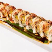Double X Roll · Shrimp tempura, avocado, cucumber and light cream cheese on topped with crab meat.