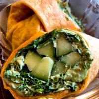 Nashville Hot Kale Wrap · Tenderized kale and freshly sliced cucumber wrapped in a chili tortilla with our signature c...