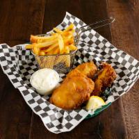 Fish and Chips · 3 Alaskan cod fillets battered and fried till golden, served atop a pile of fries with tarta...