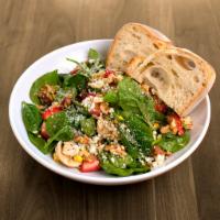 Strawberry Spinach Salad · spinach, bacon, gorgonzola, strawberries, dried sweet corn, basil, toasted walnuts & all-nat...