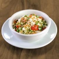 Pesto Couscous Salad · slow-roasted tomatoes, roasted red bell peppers, peas, all-natural feta & toasted walnuts wi...