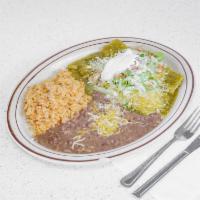 Two Enchiladas  · Served with rice, beans, salad, & tortilla.