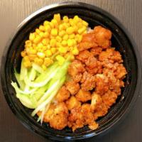 Crispy Fire Chicken Rice Bowl 燃爆炸鸡饭 · Crispy Fried Chicken with Fire sauce over rice. side with corns and cucumbers