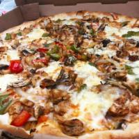 Philly Cheese Steak Pizza · Premium steak, mushroom, caramelized onions and peppers.
