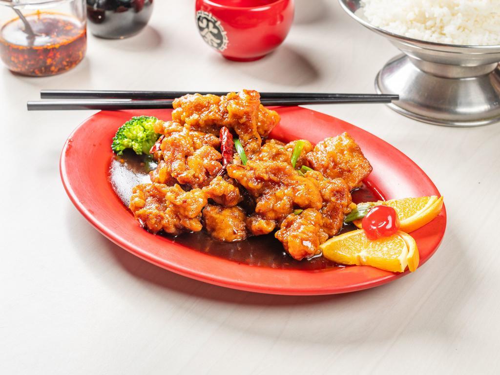 General Tso's Chicken · Chunks of deep-fried battered chicken, coated with a sweet and spicy sauce. Spicy.