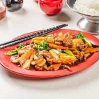 Hunan Beef · Hot and spicy. Beef with Chinese vegetables in a spicy brown sauce.