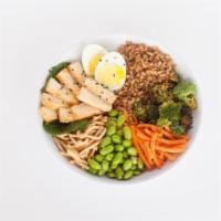 Miso Power Bowl · Miso marinaded tofu, farro, spinach, egg, edamame, carrots, roasted broccoli, sesame seeds, ...