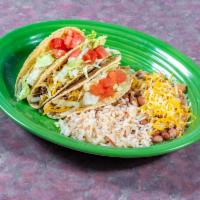 Tacos Beef · 3 Beef Tacos topped with cheese , lettuce , served with beans and riced , and salsa