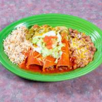 Enchiladas Cheese  · 3 rolled cheese  enchilada, served with  beans and rice and garnish