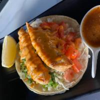 Beer Battered Fish Taco Lunch Special · Roasted tomato salsa, corn tortilla, pickled cabbage, spicy mayo, lime.