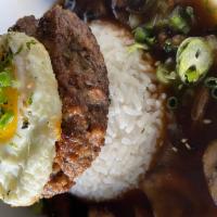 Loco Moco Lunch Special · 5 oz. beef patty, sunny-side-up egg, mushrooms, house gravy, scallion.