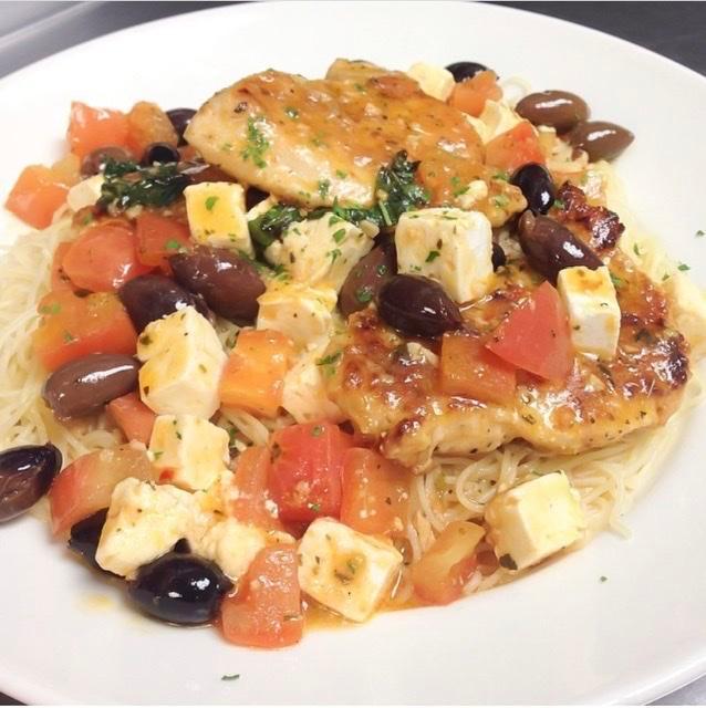 Chicken Mediterranean · Pan seared chicken breast, fresh garlic, Kalamata olive, ripe tomatoes, feta cheese, and extra virgin olive oil over homemade angel hair.