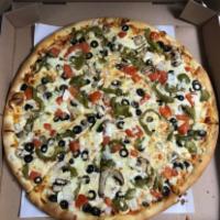 Veggie Pizza · Onions, green peppers, mushrooms, black olives, and tomatoes.