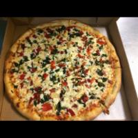 Albanian Pizza · Artichokes, sun-dried tomatoes, spinach, and roasted peppers.