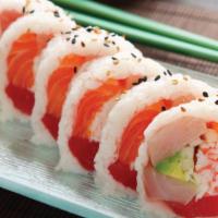 F11. Snow White Roll · Tuna, salmon, yellowtail, avocado, crab meat wrapped with rice and soy paper.