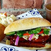 Aloha NoRib Sandwich - Full Meal · NoRibs with BBQ-teriyaki sauce, slaw, tomatoes, cucumber, red onion, pineapple, and cilantro...