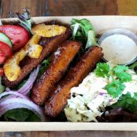 Aloha NoRib Salad · NoRibs with BBQ-teriyaki sauce, slaw, tomatoes, cucumber, red onion, pineapple, and cilantro...