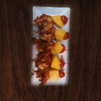 5 Pieces Spicy Shrimp Tapas · Shrimp spiced with herbal mix and mango, tomato on skewers.
