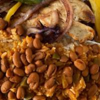 Pollo a la plancha - Grilled Chicken  Combo Plate · Grilled chicken, white rice  and beans or moro (rice and beans together), plantains.