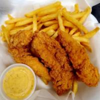 Chicken fingers with fries · 3 Chicken Fingers with fries and Honey mustard on the side
