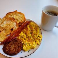 Breakfast Platter · Three Scrambled Eggs with Cheese, Three slices of Applewood Smoked Bacon, One Sausage Patty ...