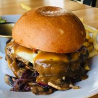 Groovy Gravy Mushroom Burger · Choice of patty with grilled mushroom and onions, provolone cheese, and bacon. Served with b...