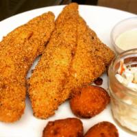 Spicy Catfish Entree · Cajun Seasoned Golden Fried Mississippi Catfish over 1/2 lb. with Corn Hush puppy, Fried Okr...