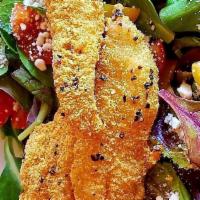 Catfish Hox salad · (3) Catfish Strips over spring mix, medley cherry tomatoes, & feta cheese with choice of dre...