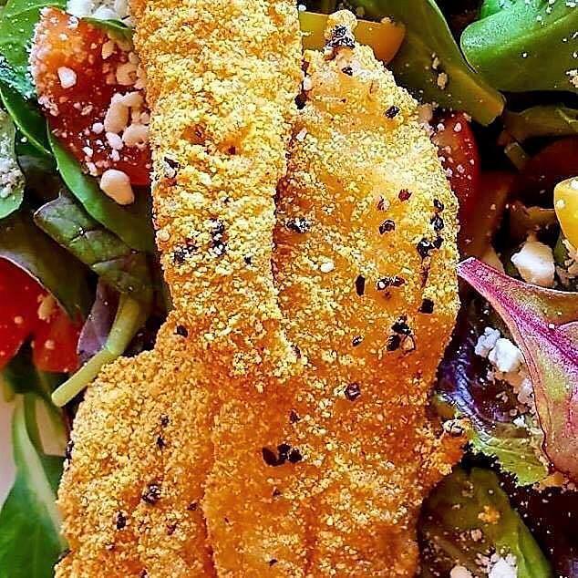 Catfish Hox salad · (3) Catfish Strips over spring mix, medley cherry tomatoes, & feta cheese with choice of dressing.