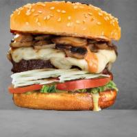 Swiss Mushroom · 1/3 lb. Angus Beef patty, Spicy Ranch, leaf lettuce, Roma tomato, shaved onions, and Swiss c...