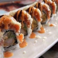 Springfield Roll · Shrimp tempura and cucumber inside, top with spicy tuna.