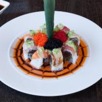 Black Angel Roll 黑天使卷 · Cajun tuna, asparagus tempura inside, on top with tuna, salmon and yellow tail, eel on top w...