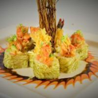 Volcano Roll · Shrimp tempura, cucumber inside, spicy tuna, shrimp, crab stick, avocado on top and spicy ma...