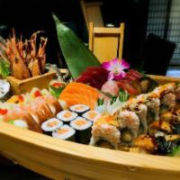 Sushi and Sashimi Combo for 2  寿司和刺身拼盘（两人份） · 10 pieces sushi, 18 pieces sashimi and 2 special rolls(dragon roll & rainbolw) with white ri...