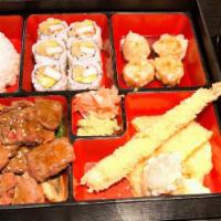 Hibachi Diner Box · Served with California roll, shumai, Shrimp&vegetable Tempura and white Rice (free soup or s...