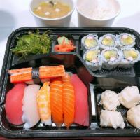 7 Pieces Sushi Bento Box Dinner · Includes California roll, shumai, seaweed salad, white rice, (free miso soup or garden salad...