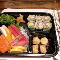 9 Pieces Sashimi Bento Box Dinner · Includes California roll, shumai, seaweed salad, white rice, (free miso soup or garden salad...