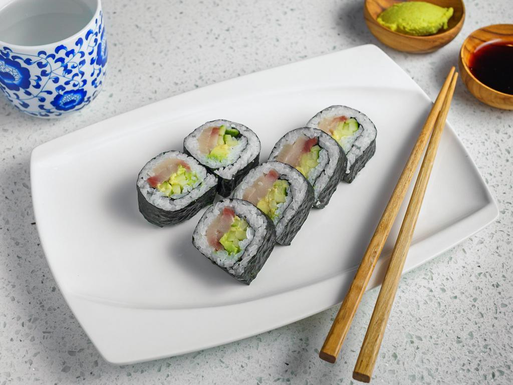 Hamachi Roll · Yellow tail, avocado, cucumber, sushi rice, seaweed paper.