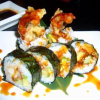 Spider Roll · Deef fried soft shell crab, avocado, cucumber, flying fish eggs, sushi rice, unagi sauce, se...