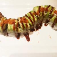 Caterpillar Roll · Unagi, cucumber, avocado, flying fish eggs, unagi sauce, sushi rice, seaweed paper.