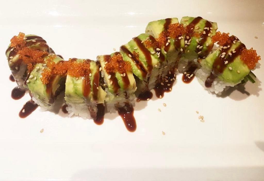 Caterpillar Roll · Unagi, cucumber, avocado, flying fish eggs, unagi sauce, sushi rice, seaweed paper.