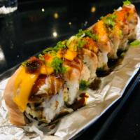Pink Lady Roll · Baked salmon, real snow crab meat, avocado, scallions, tobiko, unagi, spicy sauce, sushi ric...